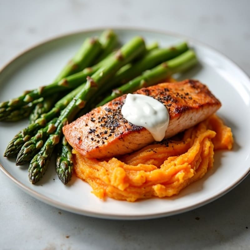 Seared Salmon with Roasted Asparagus and Sweet Potato Mash