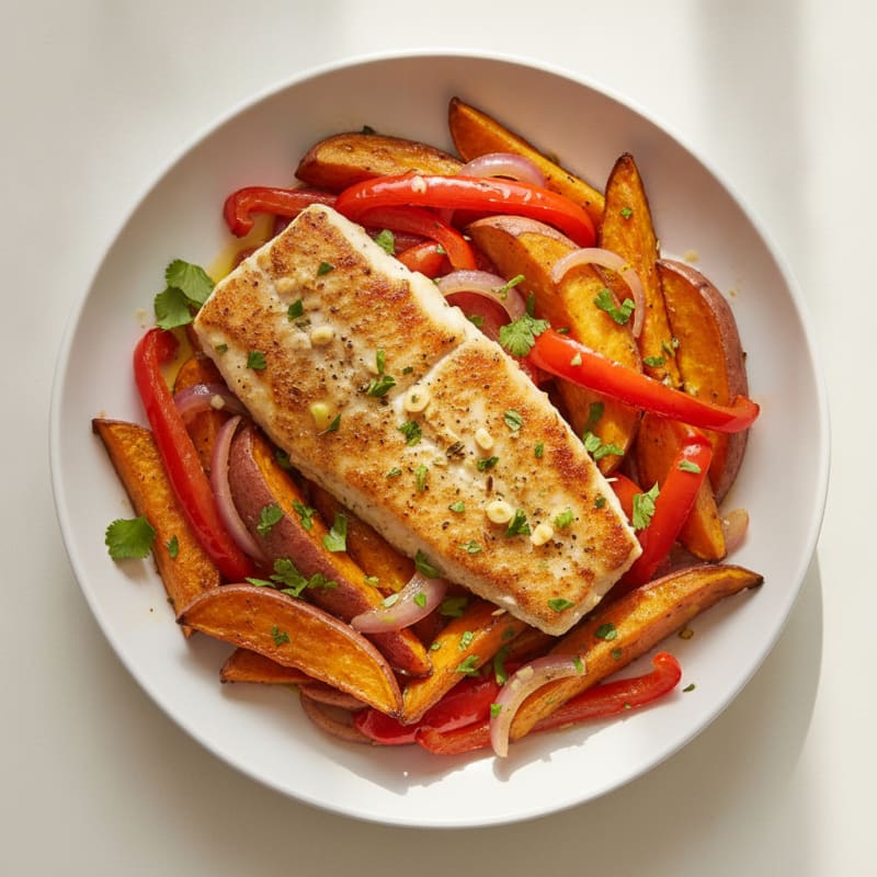 Seared Tilapia with Roasted Sweet Potatoes and Sautéed Peppers