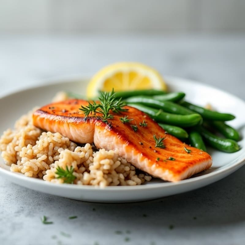 Seared Salmon with Steamed Green Beans and Brown Rice