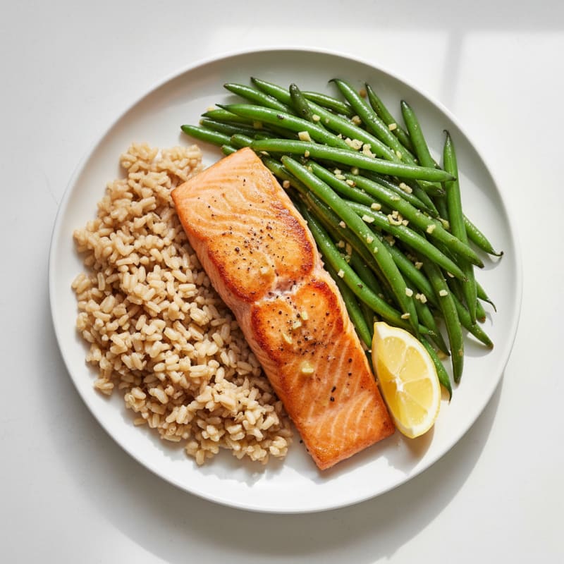 Seared Salmon with Garlic Green Beans and Brown Rice