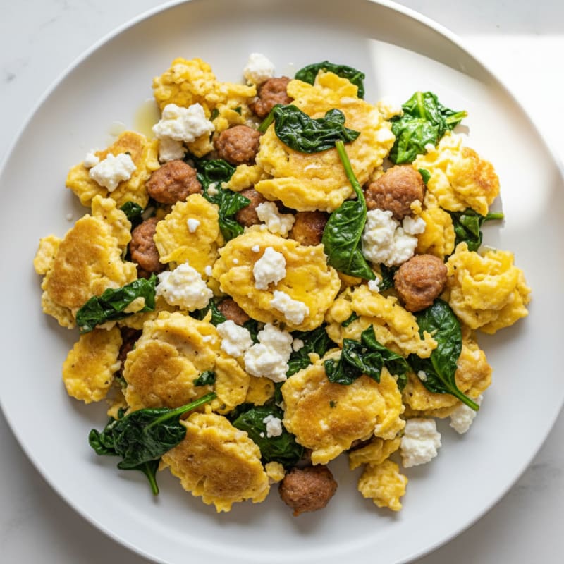 Cottage Cheese Scramble with Turkey Sausage and Spinach