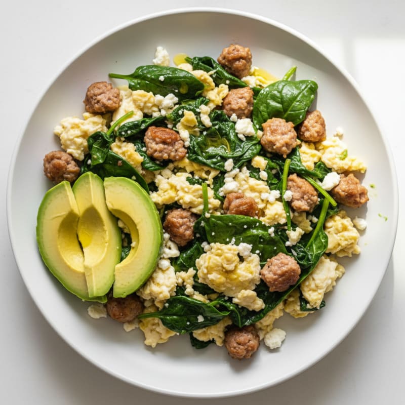Egg White and Turkey Sausage Scramble with Spinach and Feta