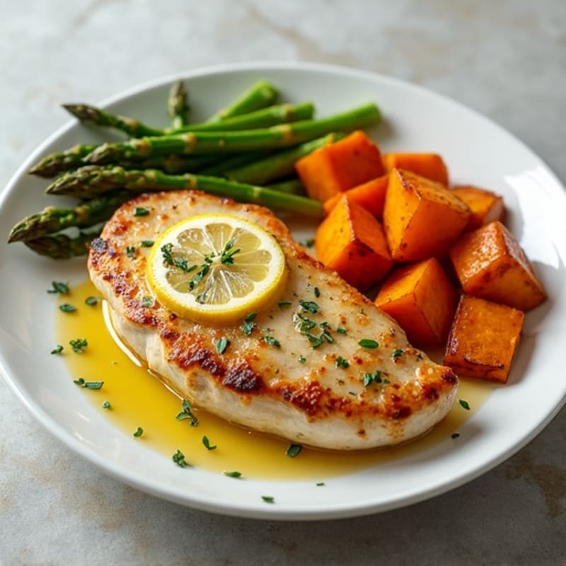 Lemon-Herb Pan-Seared Chicken with Roasted Asparagus and Sweet Potatoes