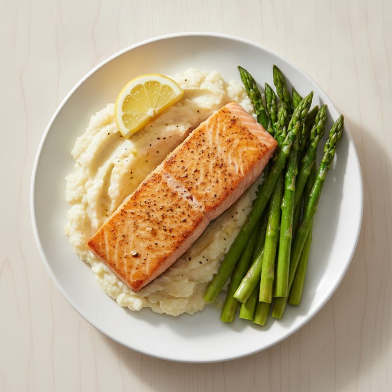 Seared Salmon with Steamed Asparagus and Cauliflower Mash