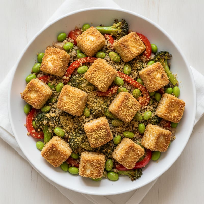 Crispy Tofu Power Bowl with Quinoa and Roasted Vegetables