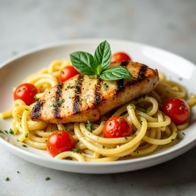 Chicken with Creamy Pesto Pasta and Blistered Tomatoes