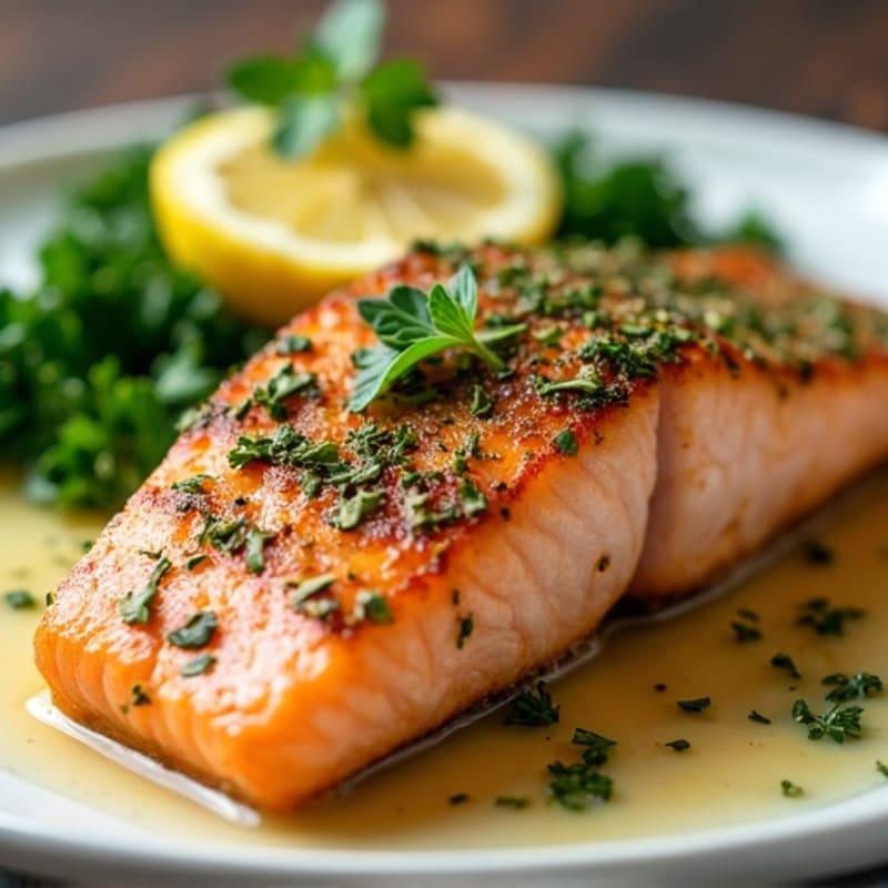 Herb-Crusted Pan Seared Salmon with Lemon Garlic Sauce