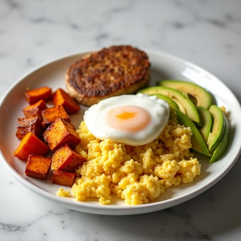 Egg White and Turkey Sausage Scramble with Roasted Sweet Potatoes
