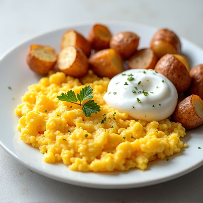 Scrambled Eggs with Roasted Potatoes and Greek Yogurt