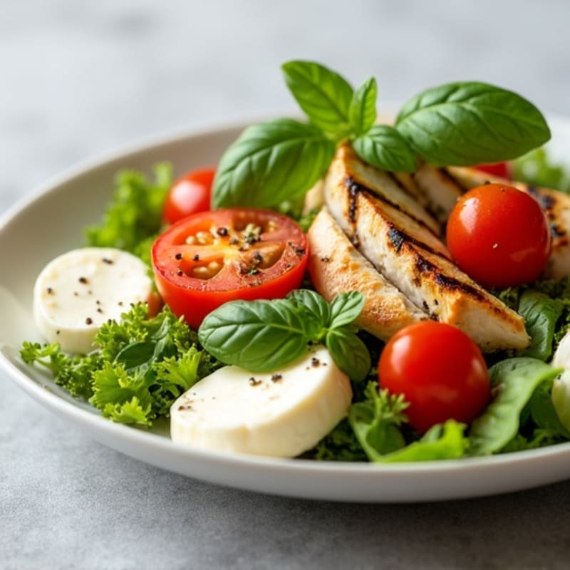 Fresh Mozzarella and Tomato Salad with Basil Pesto and Grilled Chicken