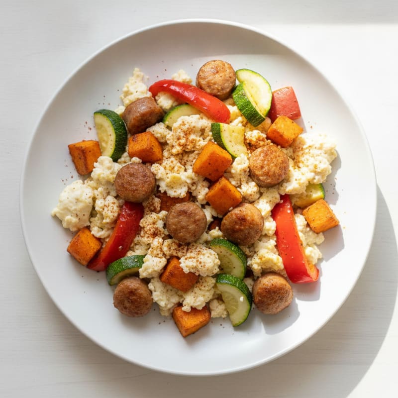 Egg White and Chicken Sausage Scramble with Roasted Veggies