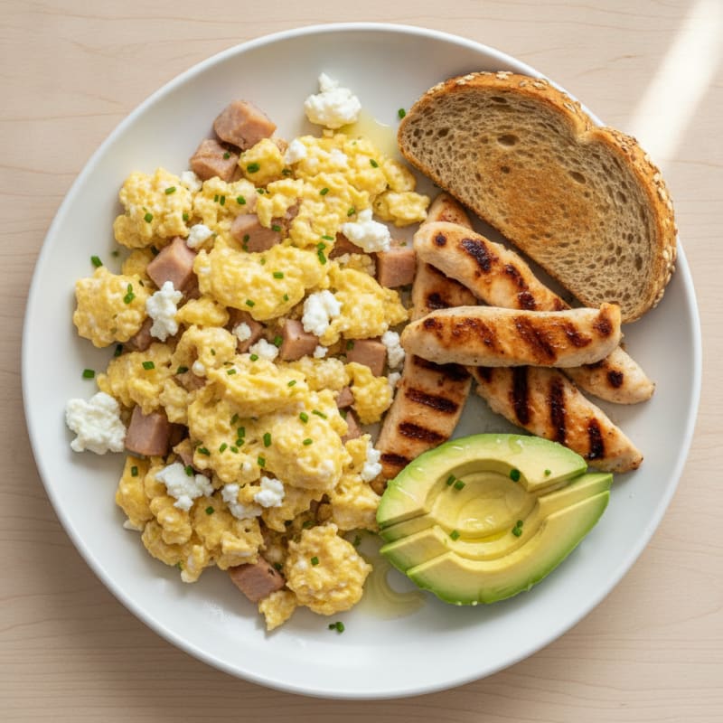 Scrambled Eggs with Cottage Cheese and Smoked Turkey
