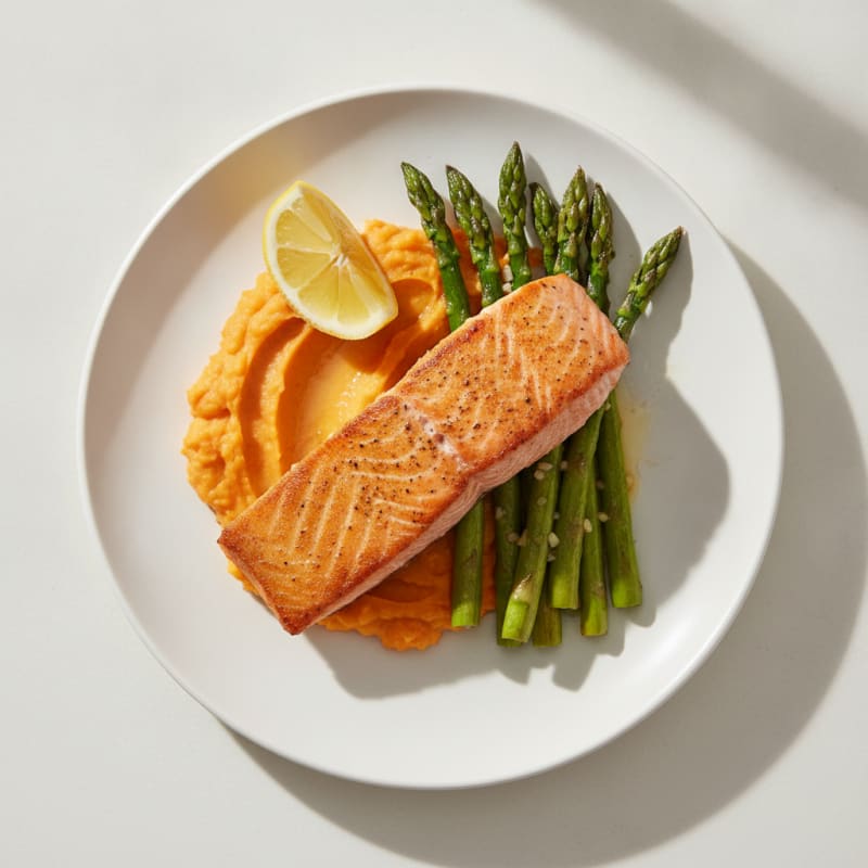Seared Salmon with Roasted Asparagus and Sweet Potato Mash