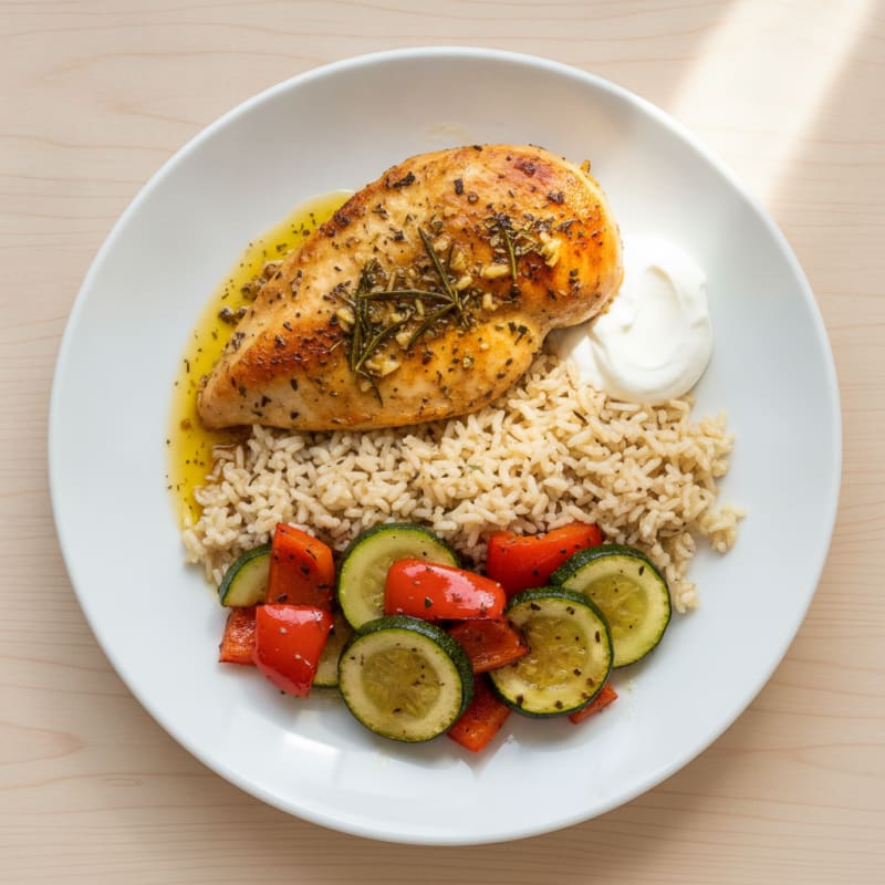Herb-Roasted Chicken Breast with Rice and Roasted Vegetables