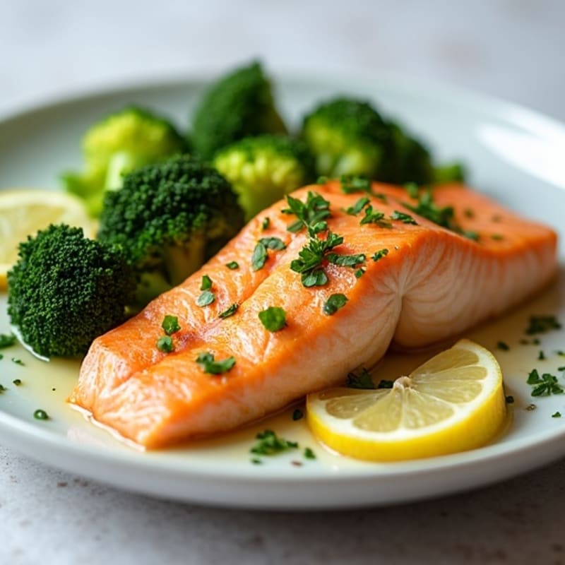 Seared Salmon with Steamed Broccoli and Lemon