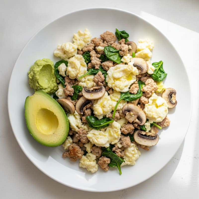 Egg White and Turkey Spinach Scramble with Sautéed Mushrooms