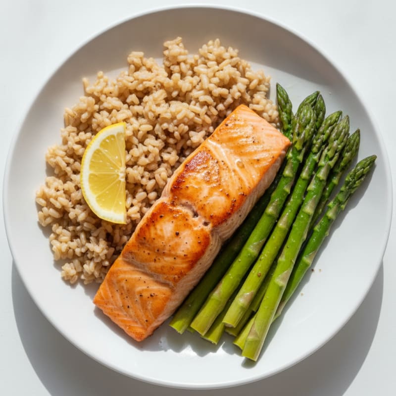 Seared Salmon with Steamed Asparagus and Brown Rice