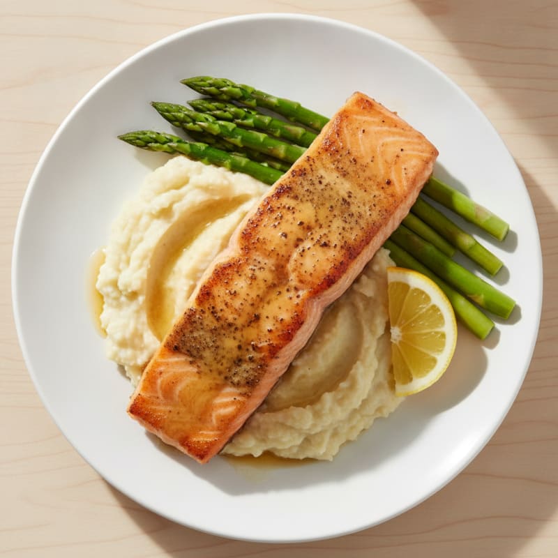 Seared Salmon with Steamed Asparagus and Garlic Cauliflower Mash