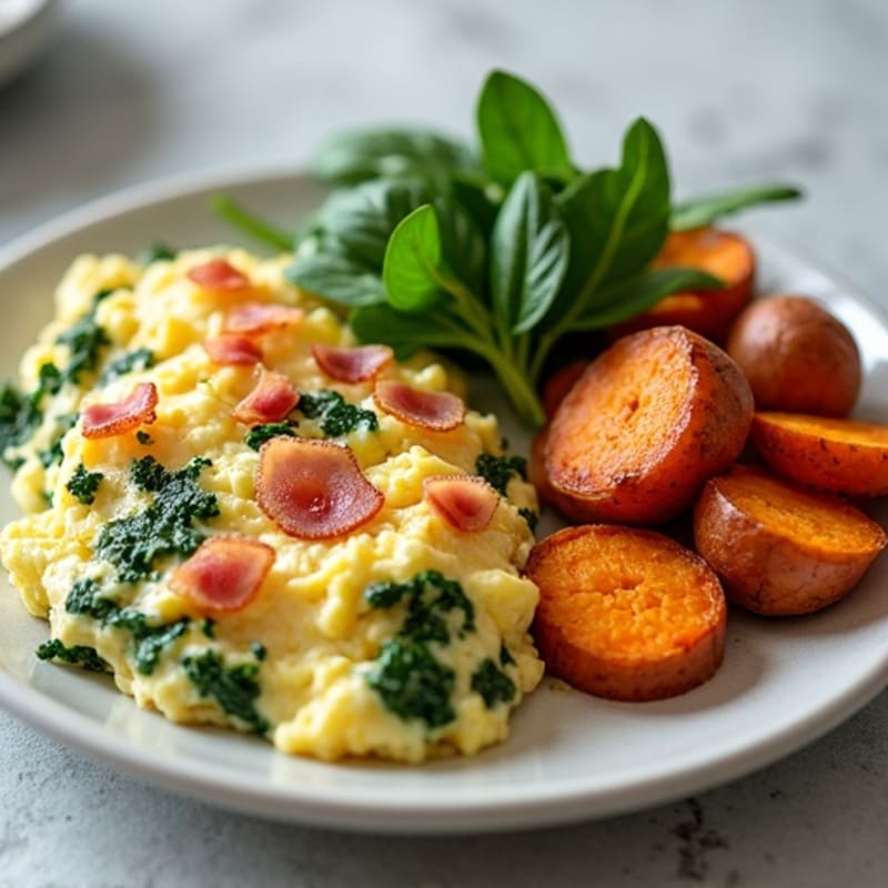 Crispy Turkey Bacon and Spinach Egg White Scramble with Roasted Sweet Potatoes