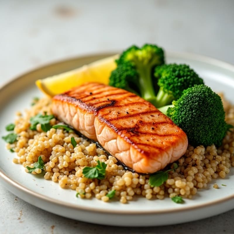 Seared Salmon with Steamed Broccoli and Quinoa