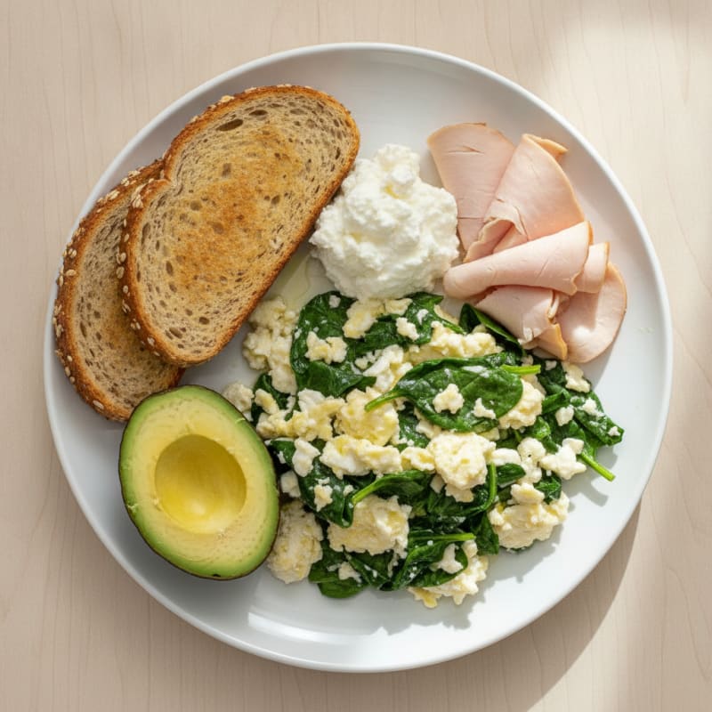 Egg White Spinach Scramble with Cottage Cheese and Sliced Turkey