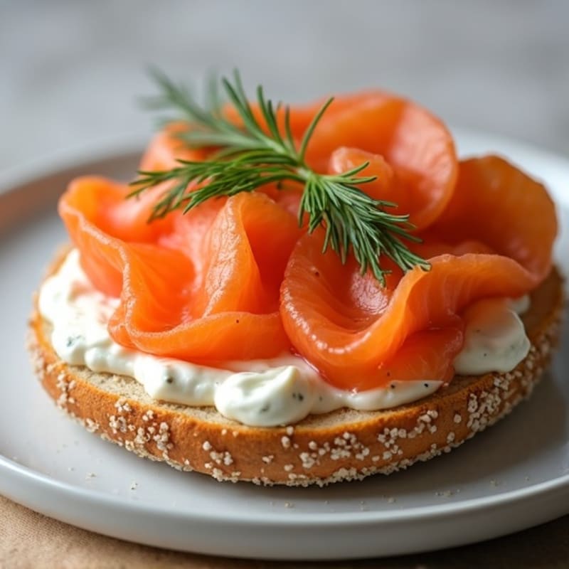 Open-Face Smoked Salmon with Herbed Cream Cheese on Toasted Everything Bagel