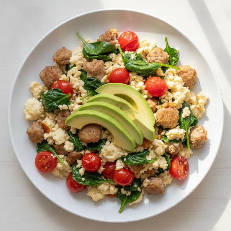 Egg White and Turkey Sausage Scramble with Spinach and Tomatoes