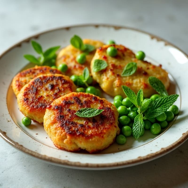 Crispy Spiced Potato and Pea Patties with Pan-Seared Chicken and Fresh Mint Chutney