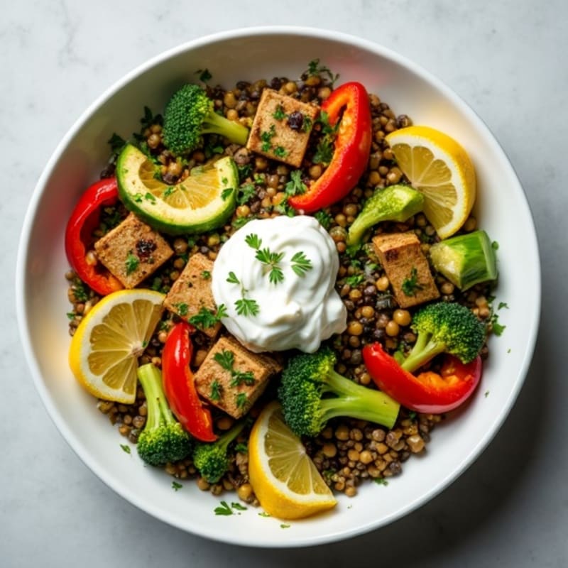 Creamy Lemon-Herb Lentil and Roasted Vegetable Bowl