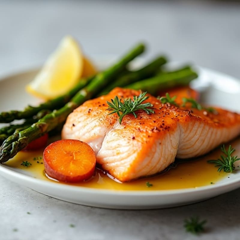 Seared Salmon Fillet with Roasted Sweet Potato and Asparagus
