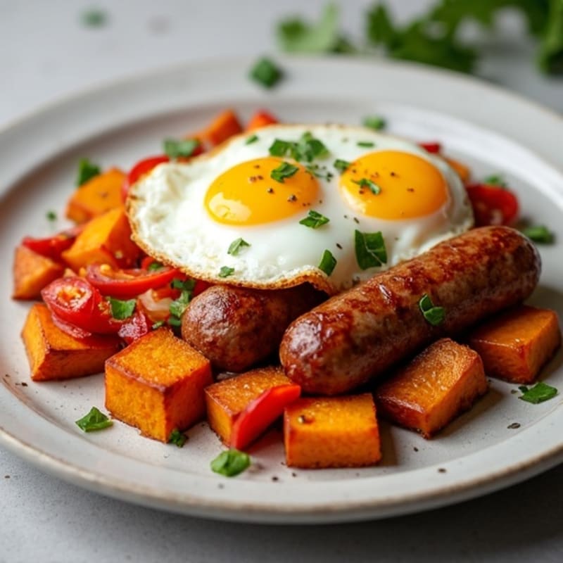 Crispy Sweet Potato Hash with Turkey Sausage and Fried Eggs