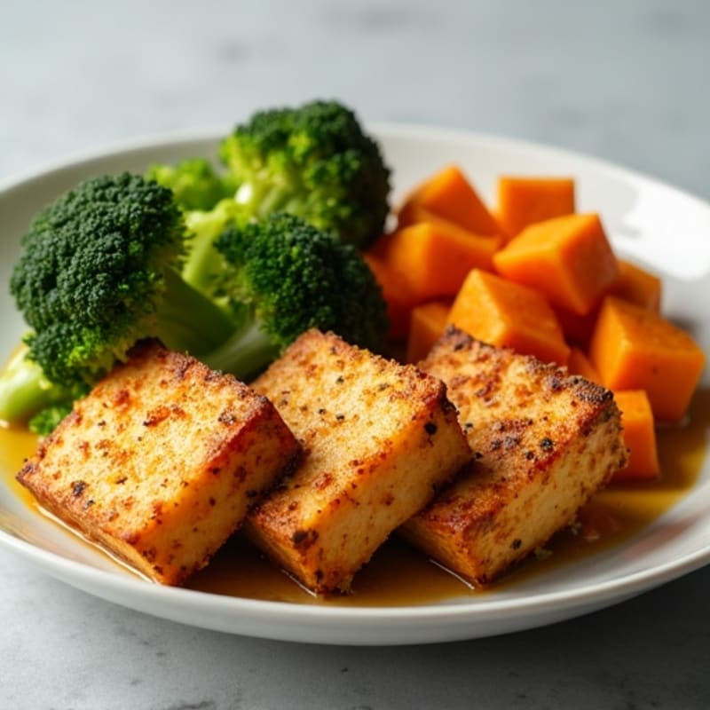 Crispy Baked Tofu with Roasted Broccoli and Sweet Potato