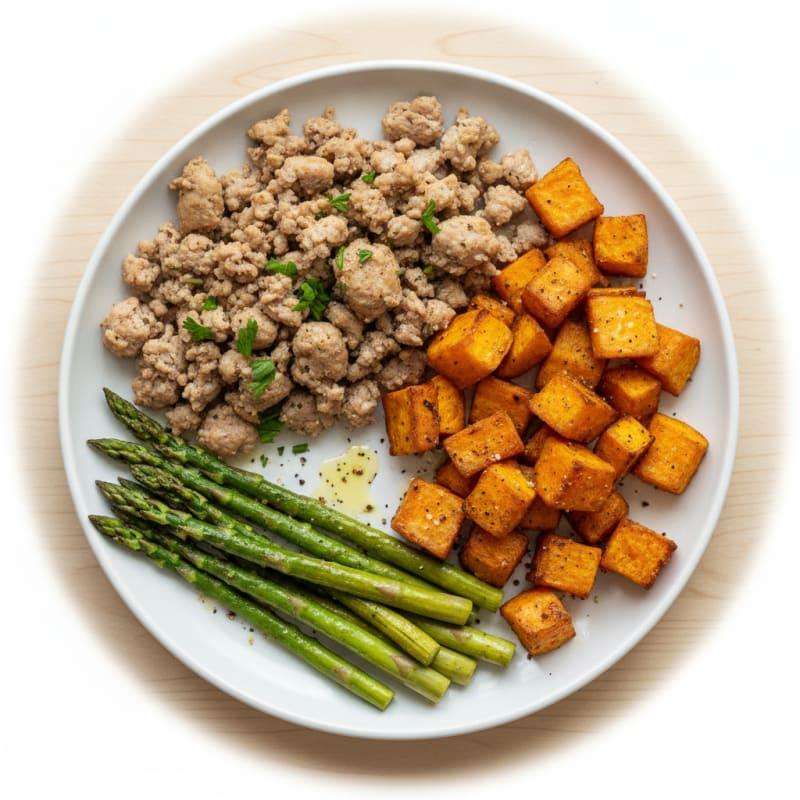 Ground Turkey with Roasted Sweet Potato and Asparagus