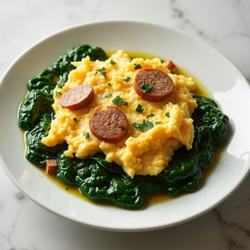 Egg White and Turkey Sausage Scramble with Sautéed Spinach