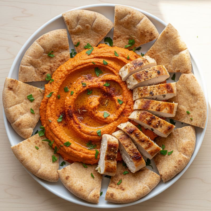 Roasted Red Pepper Hummus with Toasted Pita and Chicken
