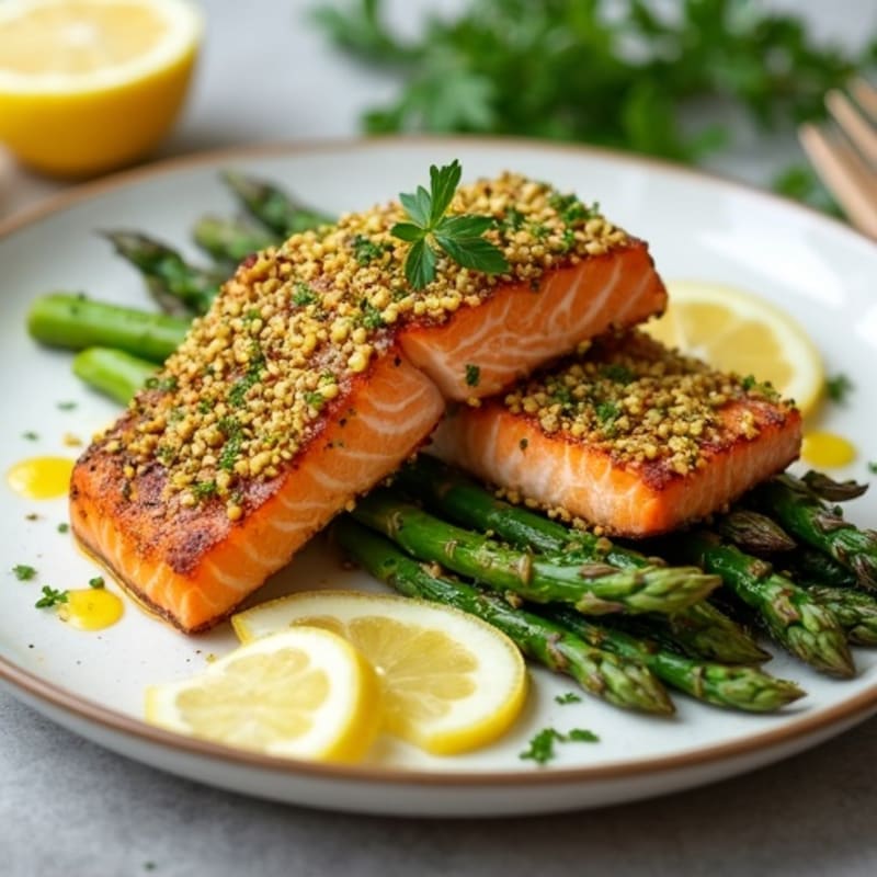 Crispy Pistachio-Crusted Salmon with Lemon-Herb Roasted Asparagus