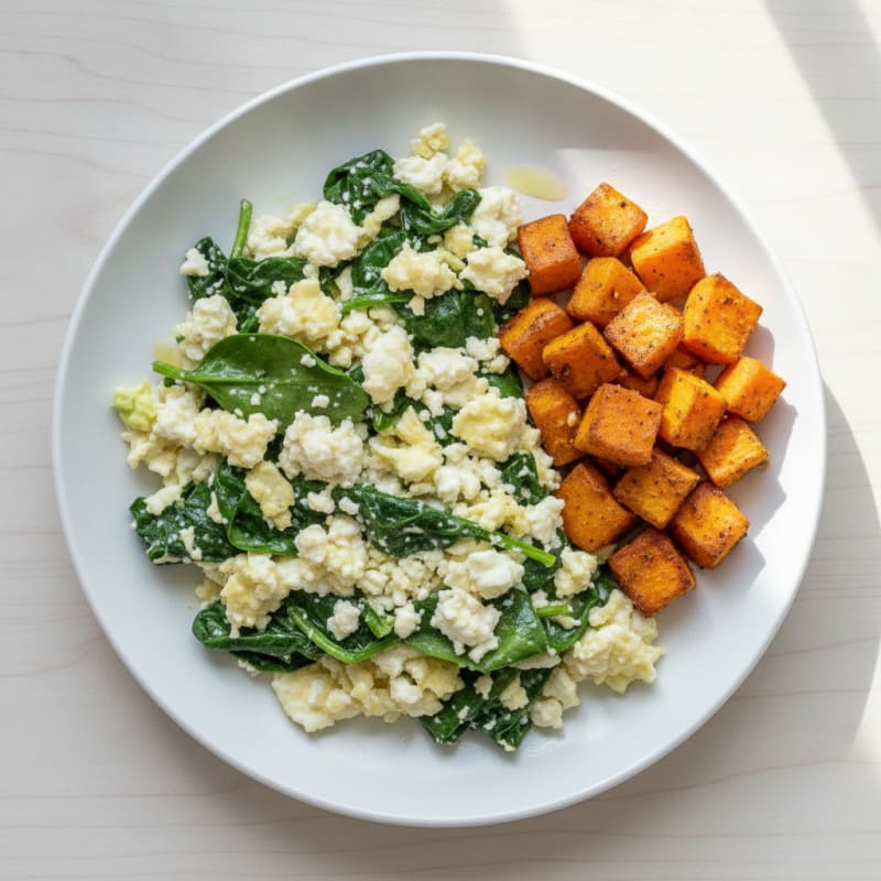 Egg White Spinach Scramble with Cottage Cheese and Roasted Sweet Potatoes