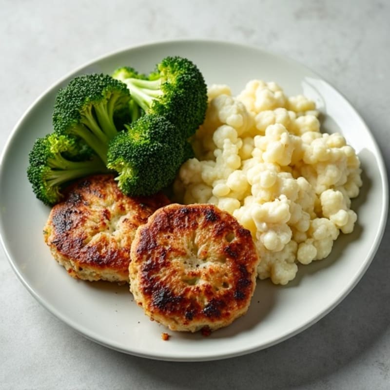 Seared Turkey Patties with Roasted Broccoli and Garlic Mashed Cauliflower
