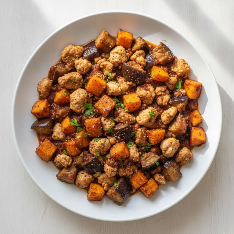 Ground Chicken Sweet Potato Eggplant Skillet