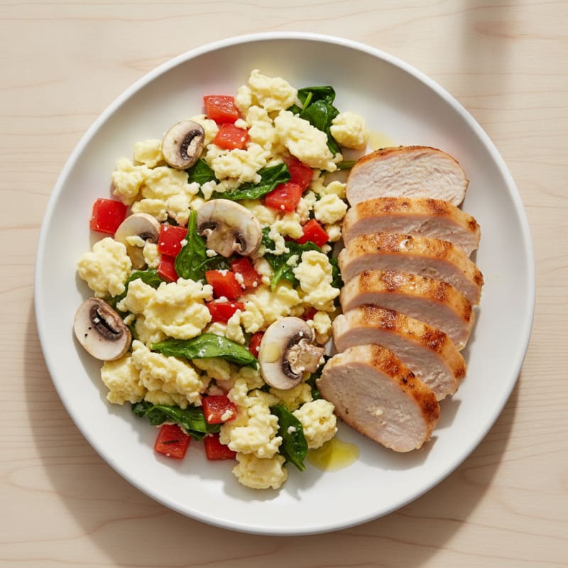 Egg White Veggie Scramble with Seared Turkey Breast