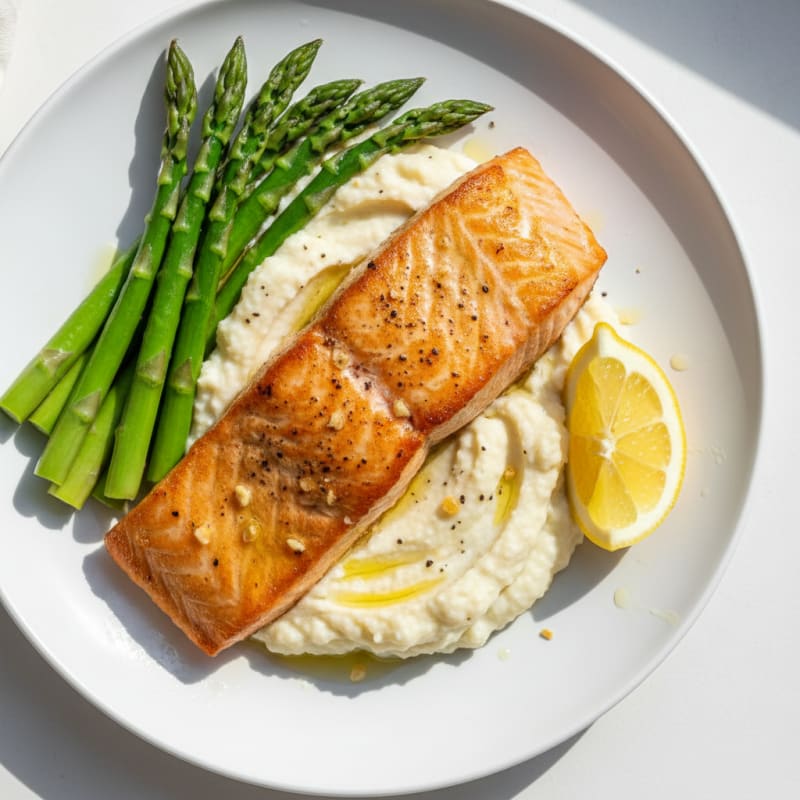 Seared Salmon with Steamed Asparagus and Garlic Cauliflower Mash