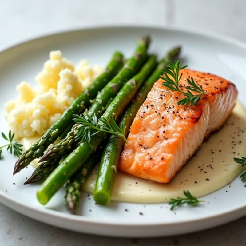 Seared Salmon with Steamed Asparagus and Garlic Mashed Cauliflower