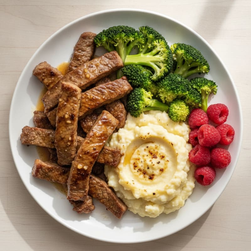 Seared Beef Strips with Steamed Broccoli and Garlic Mashed Cauliflower