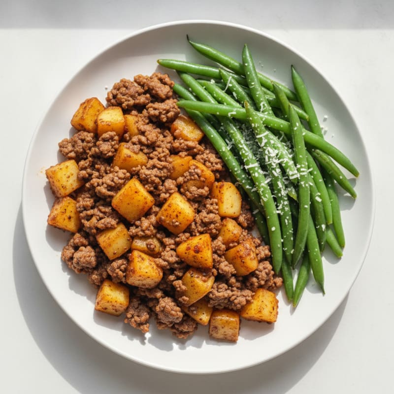 Lean Beef and Potato Skillet with Steamed Green Beans