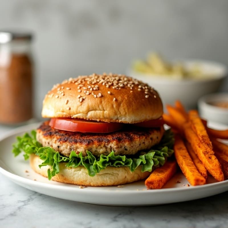 Lean Turkey Burgers with Crispy Sweet Potato Fries and Fresh Greens