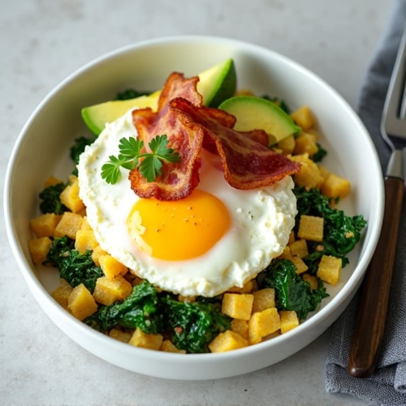 Egg White and Spinach Scramble with Cottage Cheese and Turkey Bacon