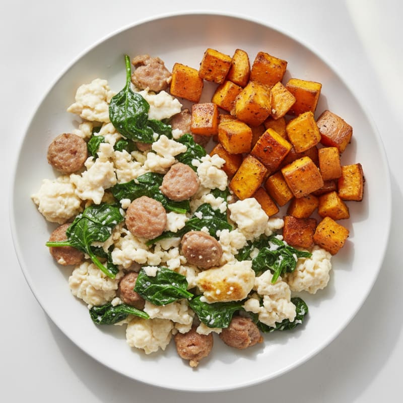 Egg White and Turkey Sausage Scramble with Spinach and Roasted Sweet Potato
