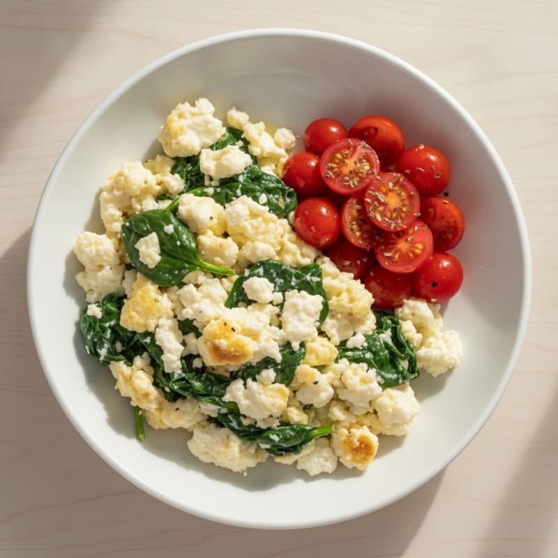 Egg White Spinach Feta Scramble with Fresh Tomatoes