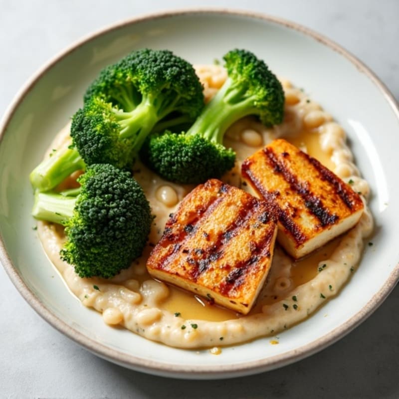 Grilled Tempeh with Creamy White Bean Mash and Steamed Broccoli