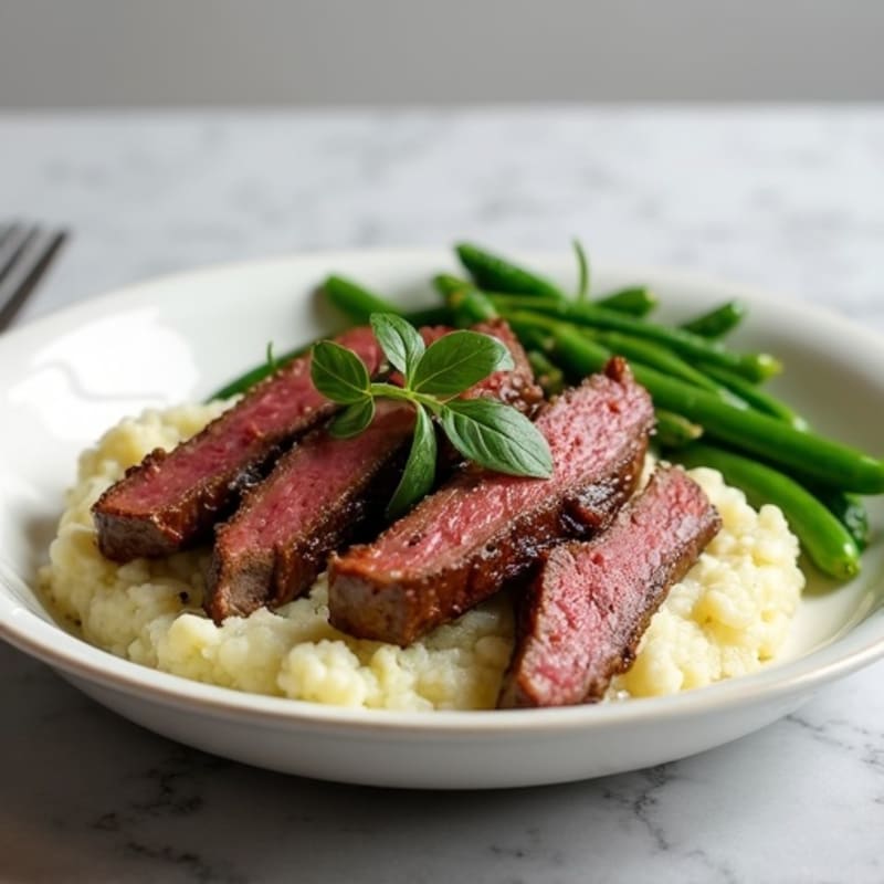 Seared Lean Beef Strips with Garlic Green Beans and Mashed Cauliflower